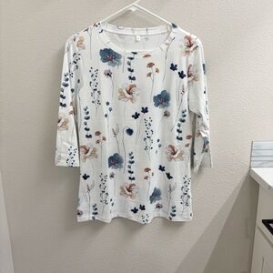 Floral Print Women's Top - White and Blue • Small